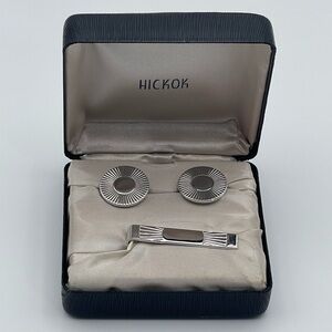 Vintage Hickok Cufflinks & Tie Clip Set Silver Tone Mid Century Gift Boxed